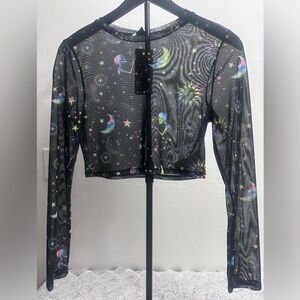 Shein Celestial Sheer Crop Top NEW w Tags Size L Neon Glow Moon Star Aesthetic